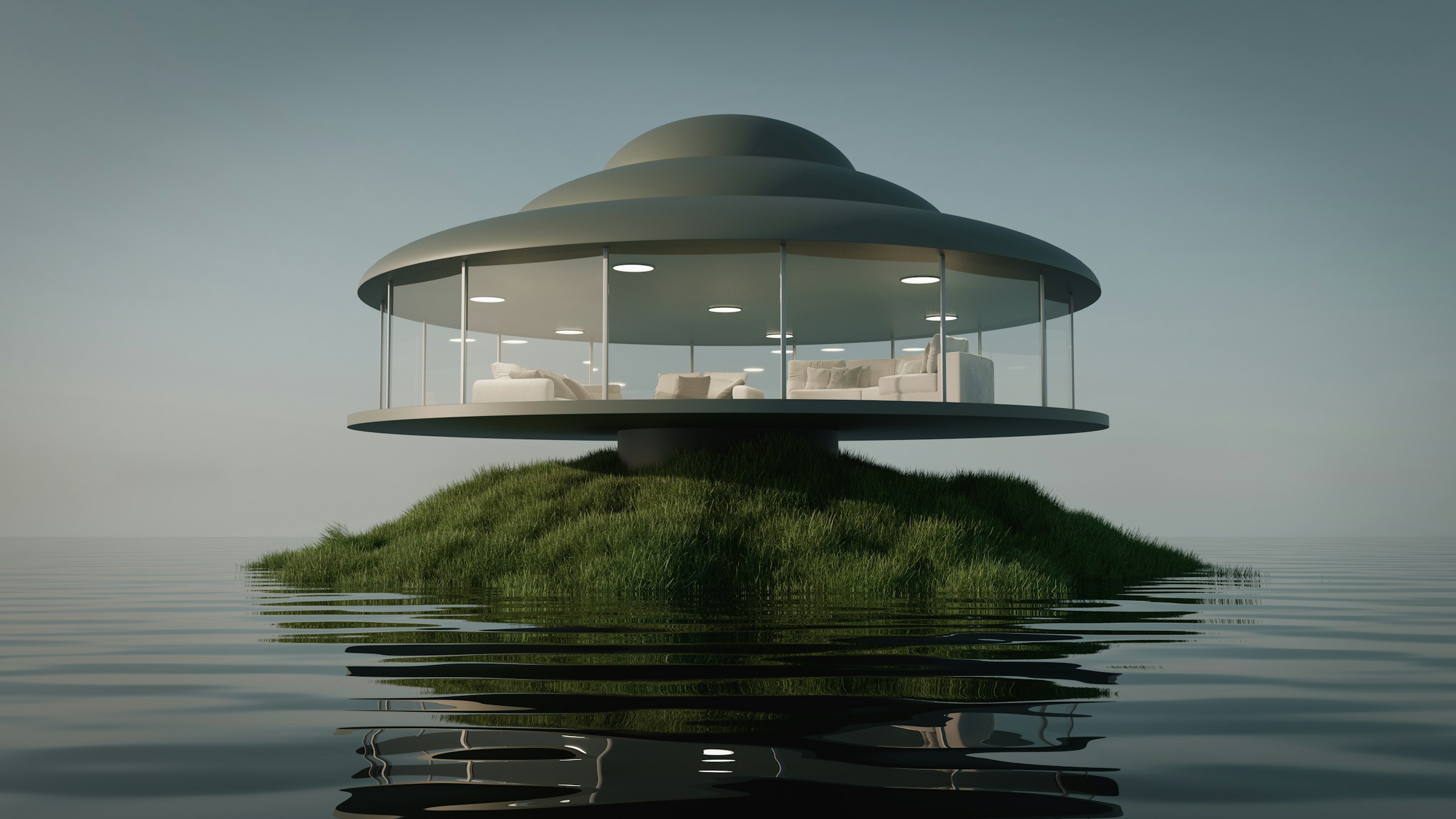 Floating Shelter - An ethereal architectural structure hovering above water on a grassy islet